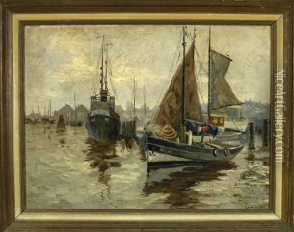 Dunstige Hafenszene Mit Booten Oil Painting - Wilhelm Mosblech the Elder