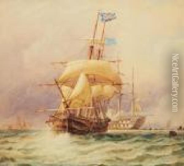 A Merchantman Under Reduced Sail With A Man O' War Beyond Oil Painting - Thomas Sewell Robins