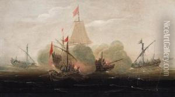 A Naval Engagement With Barges Attacking A Man-o'-war Oil Painting - Aert Anthonisz