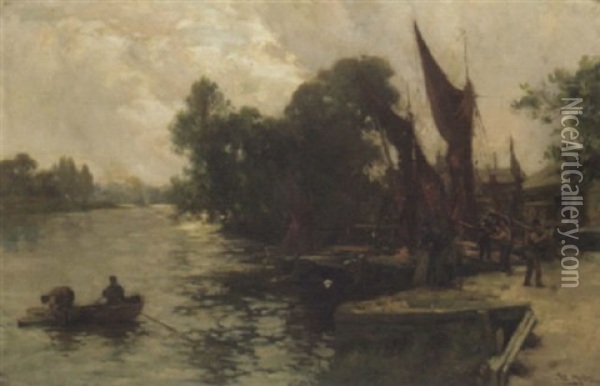 Evening On A Thames Backwater With Barges Moored By The Bank Oil Painting - Joseph Milne