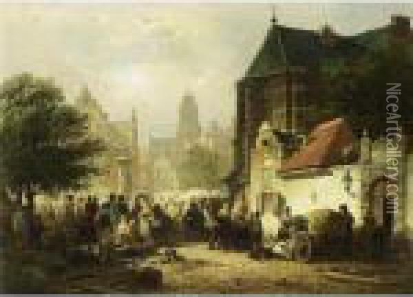 A Busy Market Day On 'het 
Kerkplein' In Zaltbommel With The Sint Maartens Church In The Background Oil Painting - Elias Pieter van Bommel
