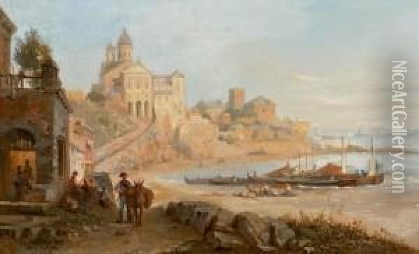 Zwei Hafenansichten Italienischer Kustenorte Mitpersonenstaffage Oil Painting - Felice A. Rezia