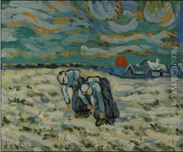 Two Peasant Women Digging In A Field With Snow Oil Painting - Arnold Van Aken