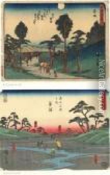 Scene De Paysage Avec Vue Du Lac. Paysage Avec Coucher Du Soleil. Oil Painting - Utagawa or Ando Hiroshige
