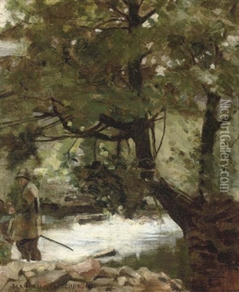 An Angler Beside A Wooded Stream Oil Painting - Blandford Fletcher
