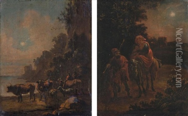 Drovers Watering Their Animals In A Moonlit Landscape (+ The Flight Into Eygpt; Pair) Oil Painting - Adam de Colonia