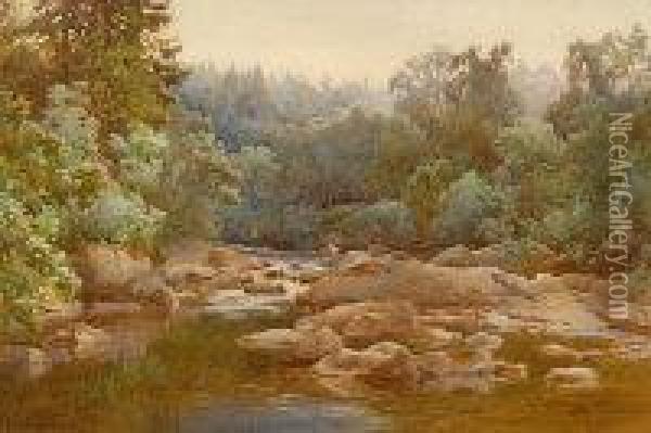 Farquarson Jnr - Rocky River Scene With Fishermen Oil Painting - John Farquharson