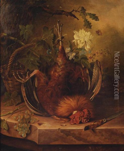 A Rooster, Grape Vines, Various 
Flowers And A Wicker Basket With Blue Grapes, A Hunting Knife And White 
Grapes On A Ledge Oil Painting - Jan Hendrik Verheijen