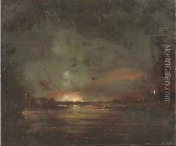 A river landscape at night, thought to be the Thames, with a fire beyond Oil Painting - English School