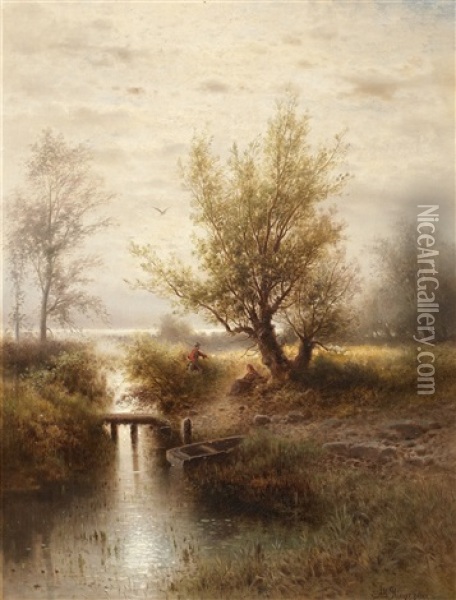 Bachlauf Mit Angler Oil Painting - Albert Rieger