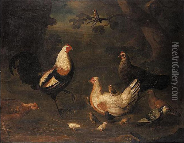 Duckwing Game Cock, Chickens, Pigeons And A Bullfinch In A Landscape Oil Painting - Louis, Lewis Hubner