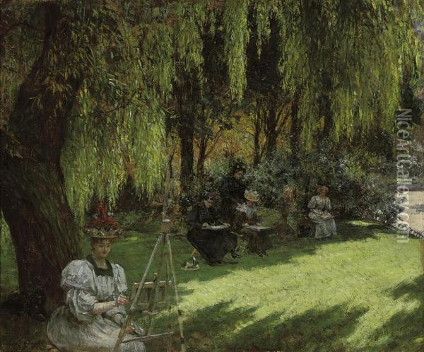 An Art Class In The Shade Oil Painting - Louis Beroud