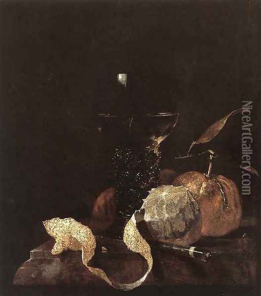 Still-Life with Lemon, Oranges and Glass of Wine 1663-64 Oil Painting - Willem Kalf