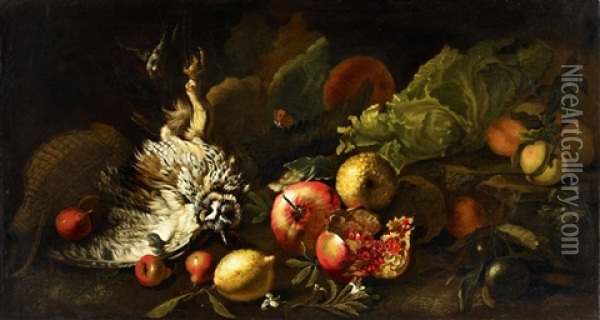 Still Life With An Owl And A Pomegranate Oil Painting - Simone Del Tintore