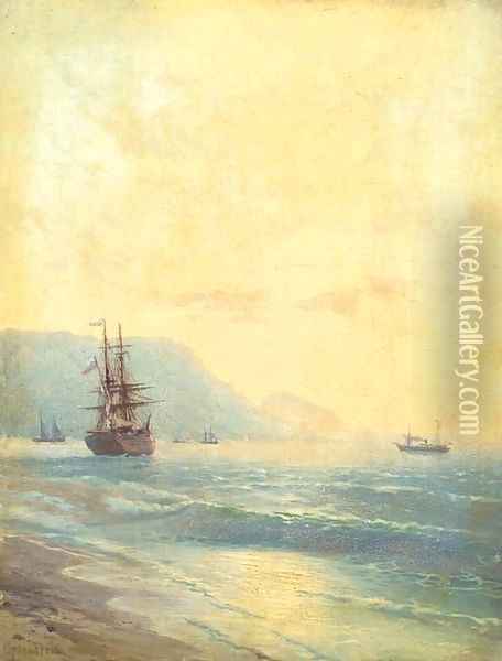 Russian ship anchored in a Crimean bay Oil Painting - Rufin Gavrilovich Sudkovskii