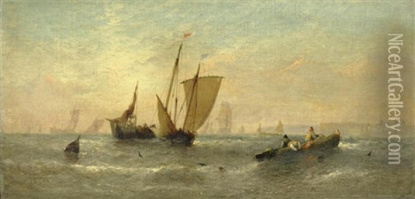 Fishing Boats Making Ready For Sea; And A Companion (a Pair) Oil Painting - William Callcott Knell