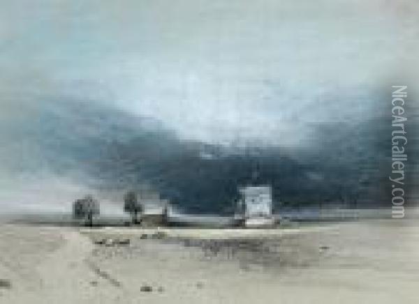 Stormy Landscape With Windmill Oil Painting - Henry Bright
