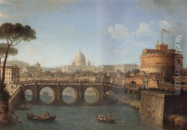 Rome, A View Of The Tiber Looking Downstream With The Castel And Ponte Sant'angelo, Saint Peter's, And Thevatican Oil Painting - Antonio Joli