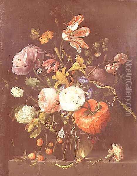 Flowers in a Glass Vase, c.1670 Oil Painting - Jacob van Walscapelle