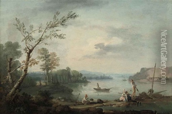 A Wooded River Landscape With Fisherfolk Oil Painting - Louis Gabriel Moreau the Elder
