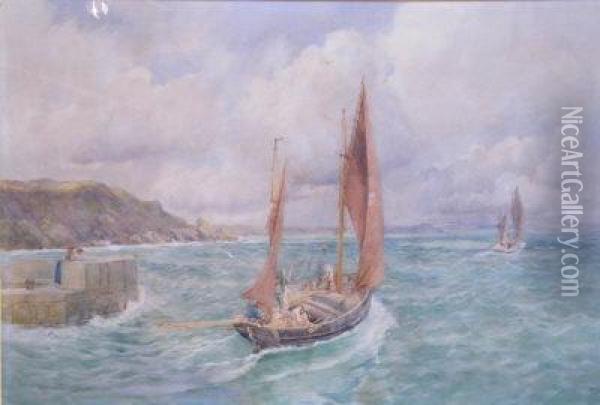 A Mevagissy Trawler Oil Painting - Frederick B. Kerr