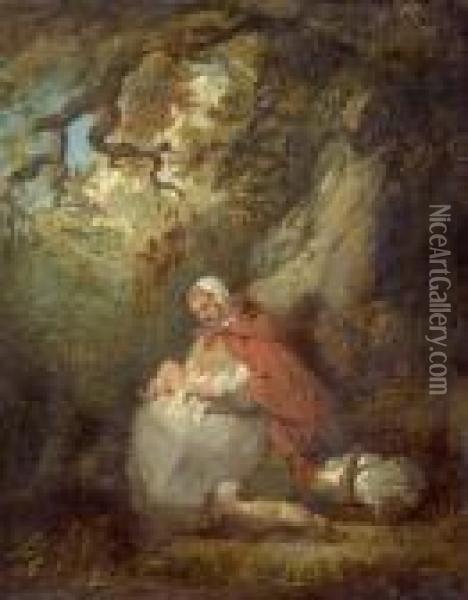 Woman With Child In A Forest. Oil Painting - George Morland