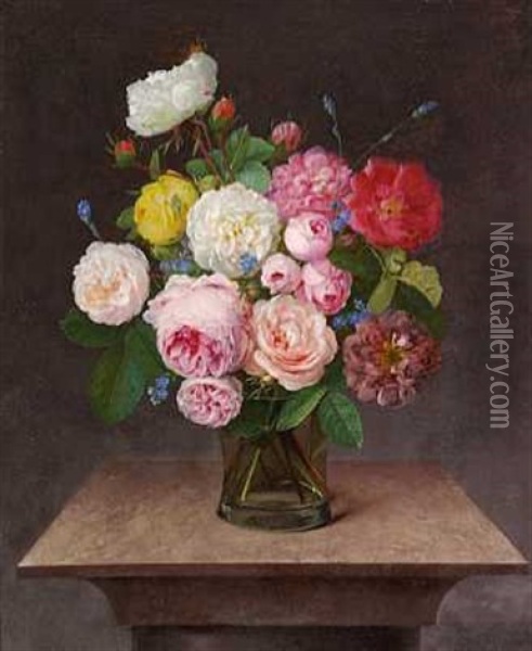 Brogede Roser Og Forglemmigej I En Vase Af Glas Oil Painting - Johannes Ludwig Camradt