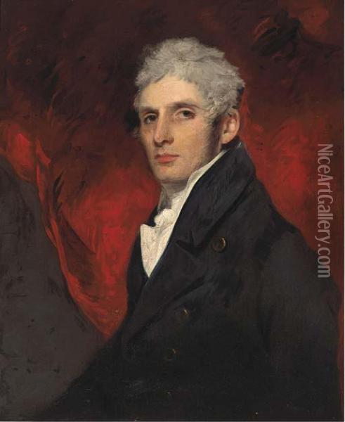 Portrait Of John Barrow, Half-length, In A Black Coat Oil Painting - John Hoppner