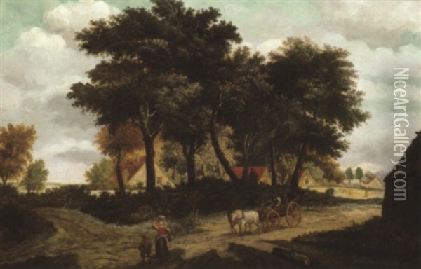 Dorflandschaft Mit Pferdewagen Oil Painting - Meindert Hobbema
