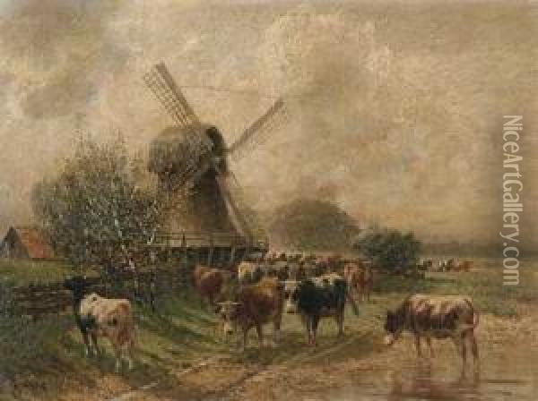 Niederrheinlandschaft Mit Vieh An Der Tranke Oil Painting - Karl Plock