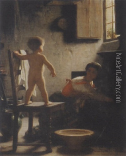 Mutter Beim Baden Ihres Kindes Oil Painting - Alfred van (Jacques) Muyden