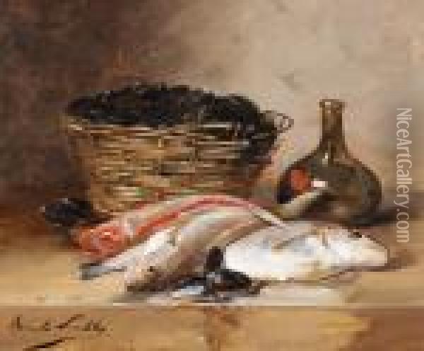 Still Life With Fishes, Mussels And Glass Bottle Oil Painting - Alphonse de Neuville