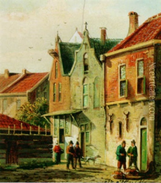 A Street Scene With Villagers Oil Painting - Johannes Frederik Hulk the Elder