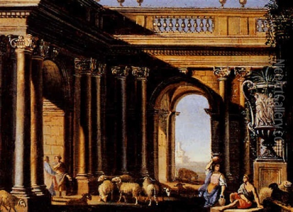 A Classical Building With Shepherds And Their Flock Oil Painting - Alberto Carlieri