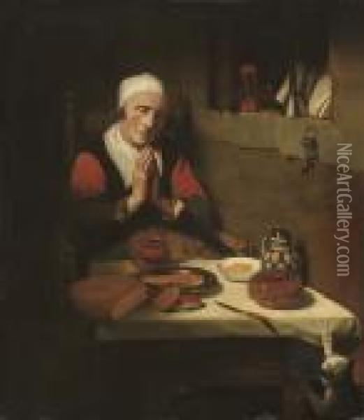 An Old Womam, Seated, In Prayer, At A Table Oil Painting - Nicolaes Maes