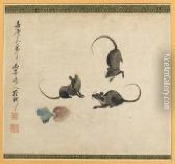 Three Mice And Root Vegetable Oil Painting - Luo Ping