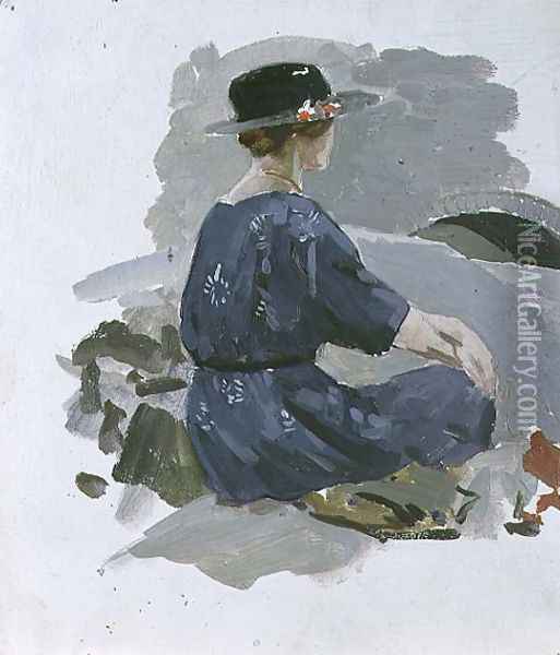Woman in a blue dress and wide brimmed hat sitting upon rocks Oil Painting - Harry Watson