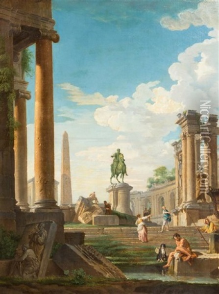 Classical Ruins With Statue Of Marcus Aurelius Oil Painting - Giovanni Paolo Panini
