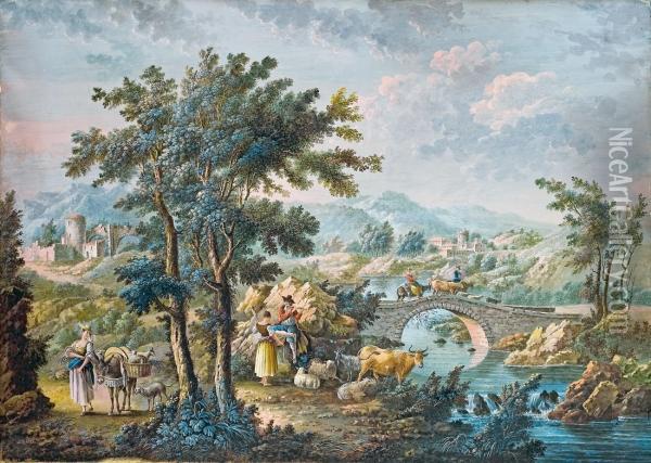 Zwei Italienische Landschaften Mit Hirten Oil Painting - Zacharie Felix Doumet