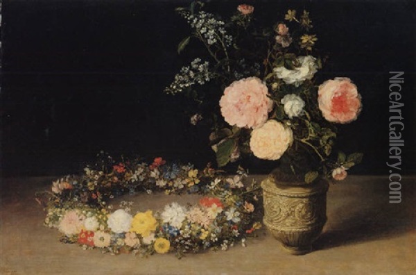 A Still Life Of Roses And Sprays Of Lilac In An Ornamental Stoneware Vase, With A Wreath Of Roses And Other Flowers Oil Painting - Jan Brueghel the Elder
