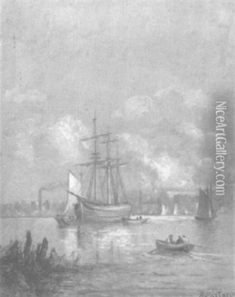 Ships In A Harbor Oil Painting - Arthur Parton