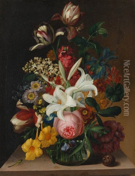 Blumenstillleben In Glasvase Mit Libelle Oil Painting - Joseph Nigg