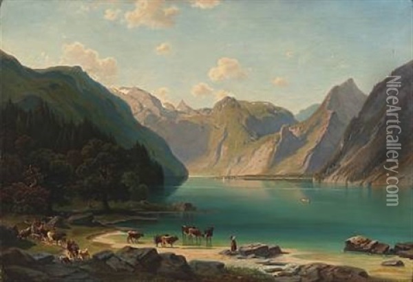 Alpine Landscape. Watering The Cows Oil Painting - Wilhelm August Theodor von Steinhausen