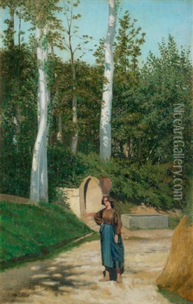 Wooded Landscape With Woman Carrying A Jar Oil Painting - Eugenio Cecconi
