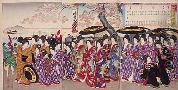 Un Paseo De Las Mujeres Del Castillo De Chiyoda Para Ver La Floracion Oil Painting - Yoshu Toyoharu Chikanobu /