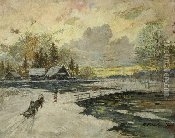 Winter Village With Horse Drawn Sled At Sunset Oil Painting - Konstantin Alexeievitch Korovin
