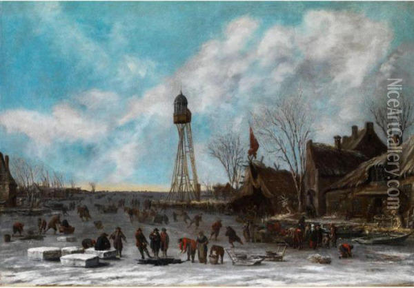 Winterliches Eisvergnugen Unter Einemhohen Leuchtturm Auf Vereister Polderbucht Oil Painting - Thomas Heeremans