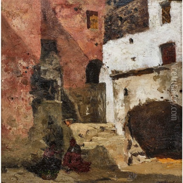 Neapel (sonnenbeschienener Hof Mit Personenstaffage) Oil Painting - Giovanni Giacometti