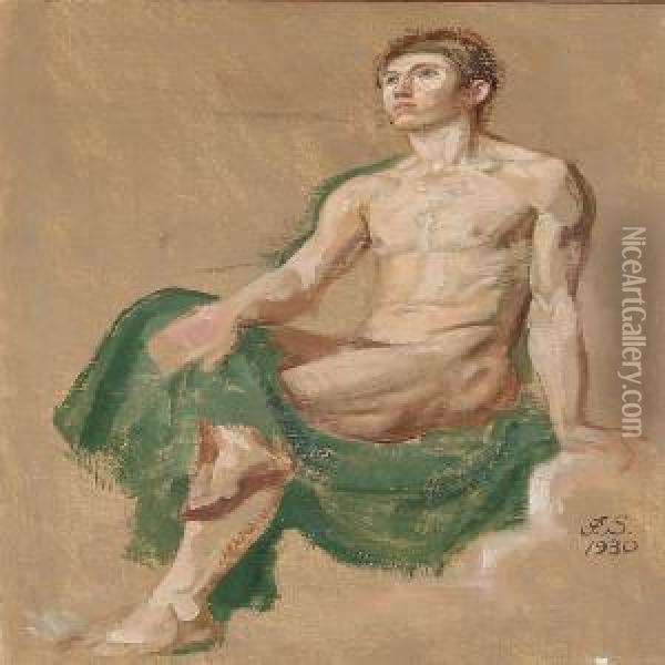 Nude Male In A Green Cloth Oil Painting - Joakim Skovgaard