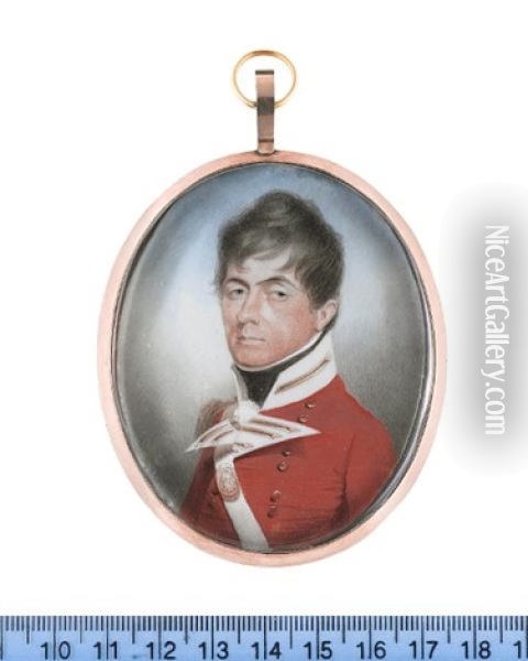 Captain Thomas Penson, Wearing Red Coatee With White Facings And Standing Collar, White Cross Belt With Gold Belt Plate, White Chemise And Black Stock Oil Painting - Charles Shirreff